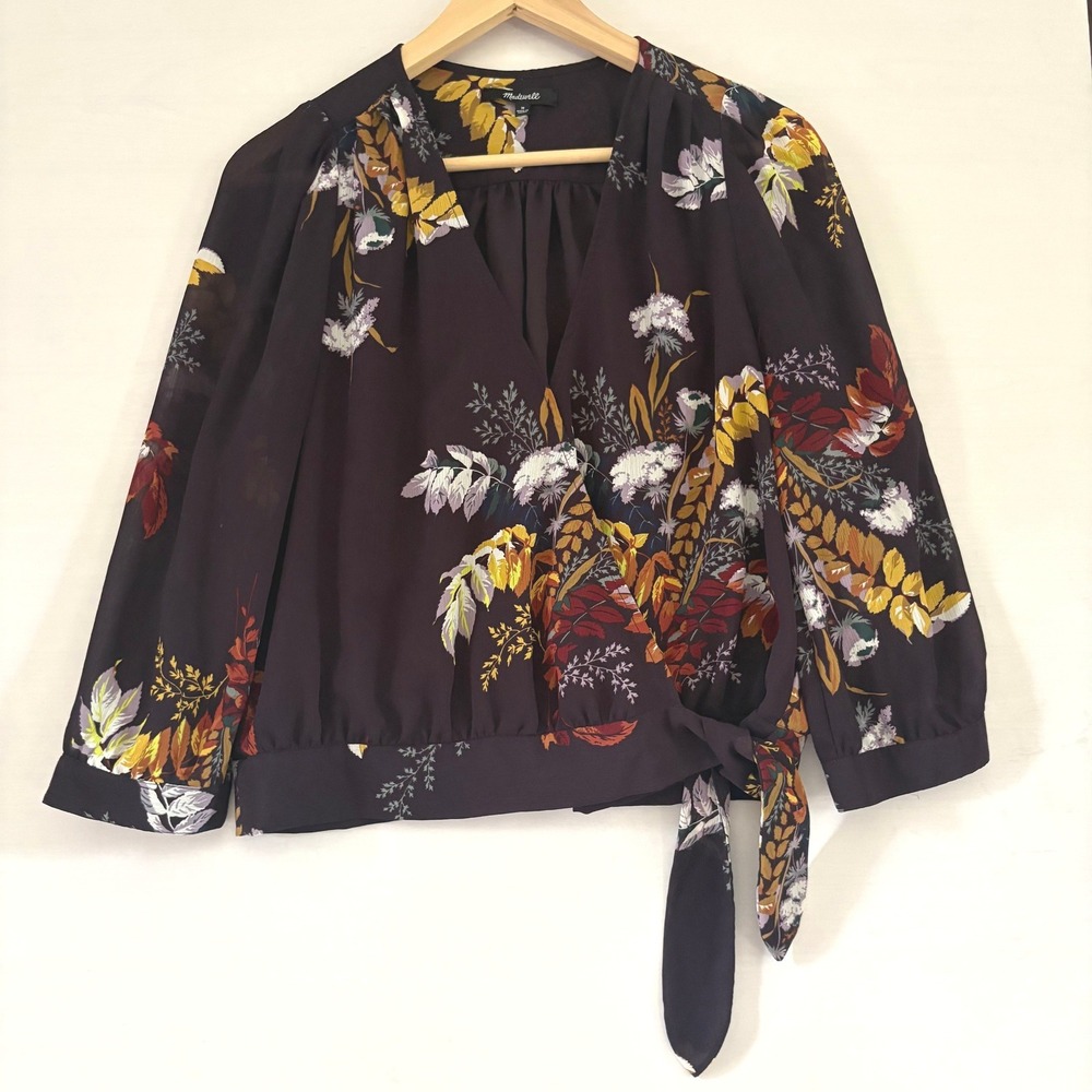 Madewell Floral Wrap Top Burgundy Side Tie V-Neck Blouse 3/4 Sleeve Size M